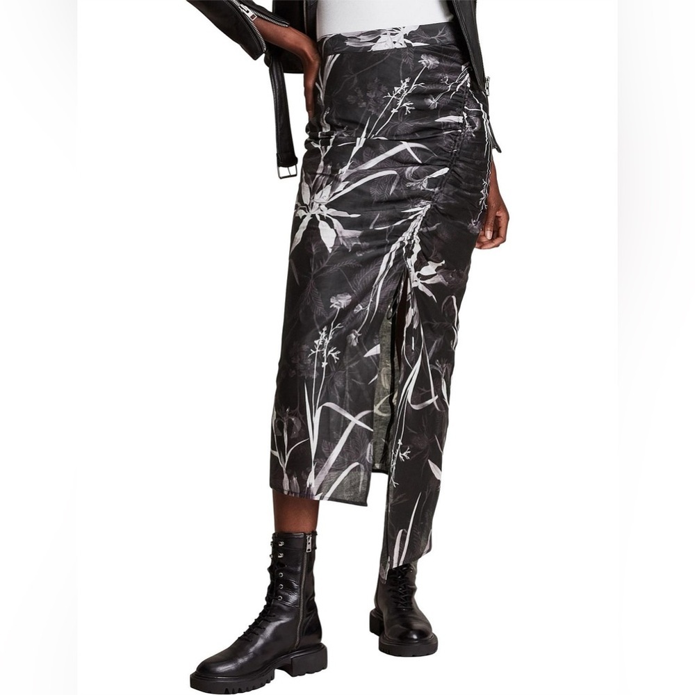 All Saints Carla Rutland Black and White Botanical Print Midi Skirt Size 2 NWT